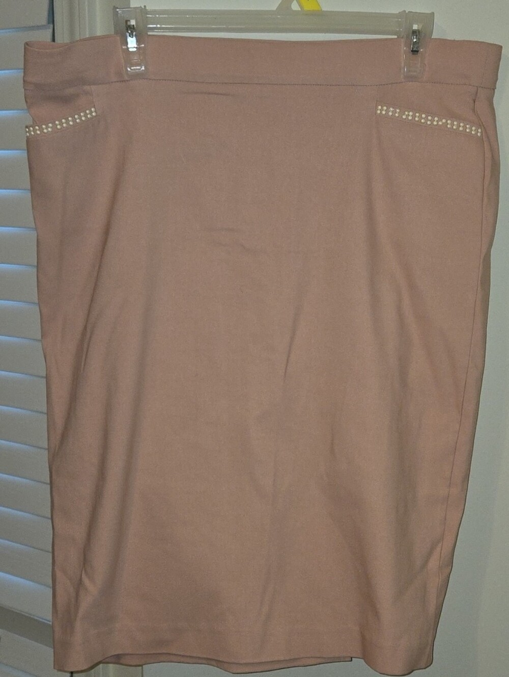 Women's Blush Pink Pencil Skirt with Subtle Rhinestone Pocket Trim